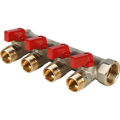Коллектор Stout с шаровыми кранами 3/4x1/2 с 4 отводами, красный, SMB 6200 341204 Коллектор Stout с шаровыми кранами 3/4x1/2 с 4 отводами, красный, SMB 6200 341204