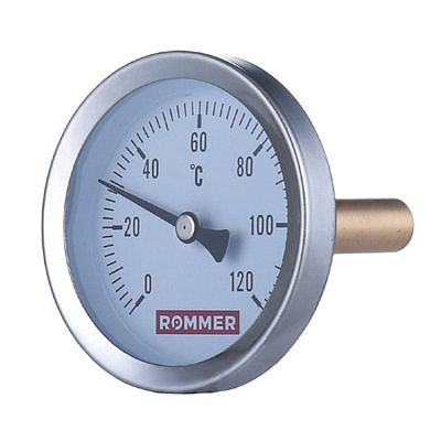 Термометр Rommer биметаллический с погружной гильзой (75 мм), 80 мм, 0...120, 1/2 Термометр Rommer биметаллический с погружной гильзой (75 мм), 80 мм, 0...120, 1/2