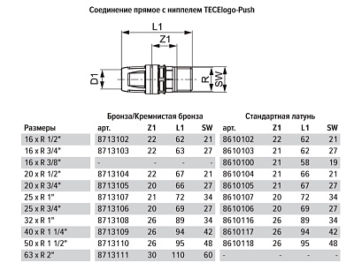 Соединение TECE TECElogo прямое с ниппелем 16 х 3 4, латунь, наружная резьба