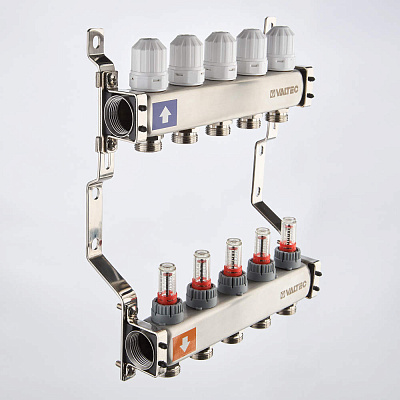 Коллекторная группа VALTEC из нержавеющей стали с регул. клап. и расх., 1х2 вых. Евроконус 3/4 (без сервис. гр.) (VTc.579.EMN.0602)