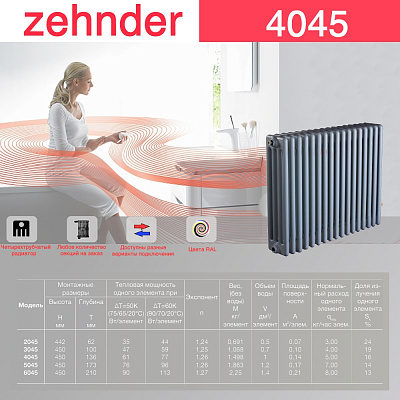 Стальной трубчатый радиатор отопления Zehnder 4045 / 1 секция