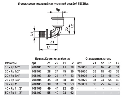 Уголок TECE TECEflex соединительный с муфтой 32 х 1, латунь, внутренняя резьба
