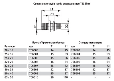 Соединение TECE TECEflex труба-труба редукционное, 25 х 16, латунь, наружная резьба